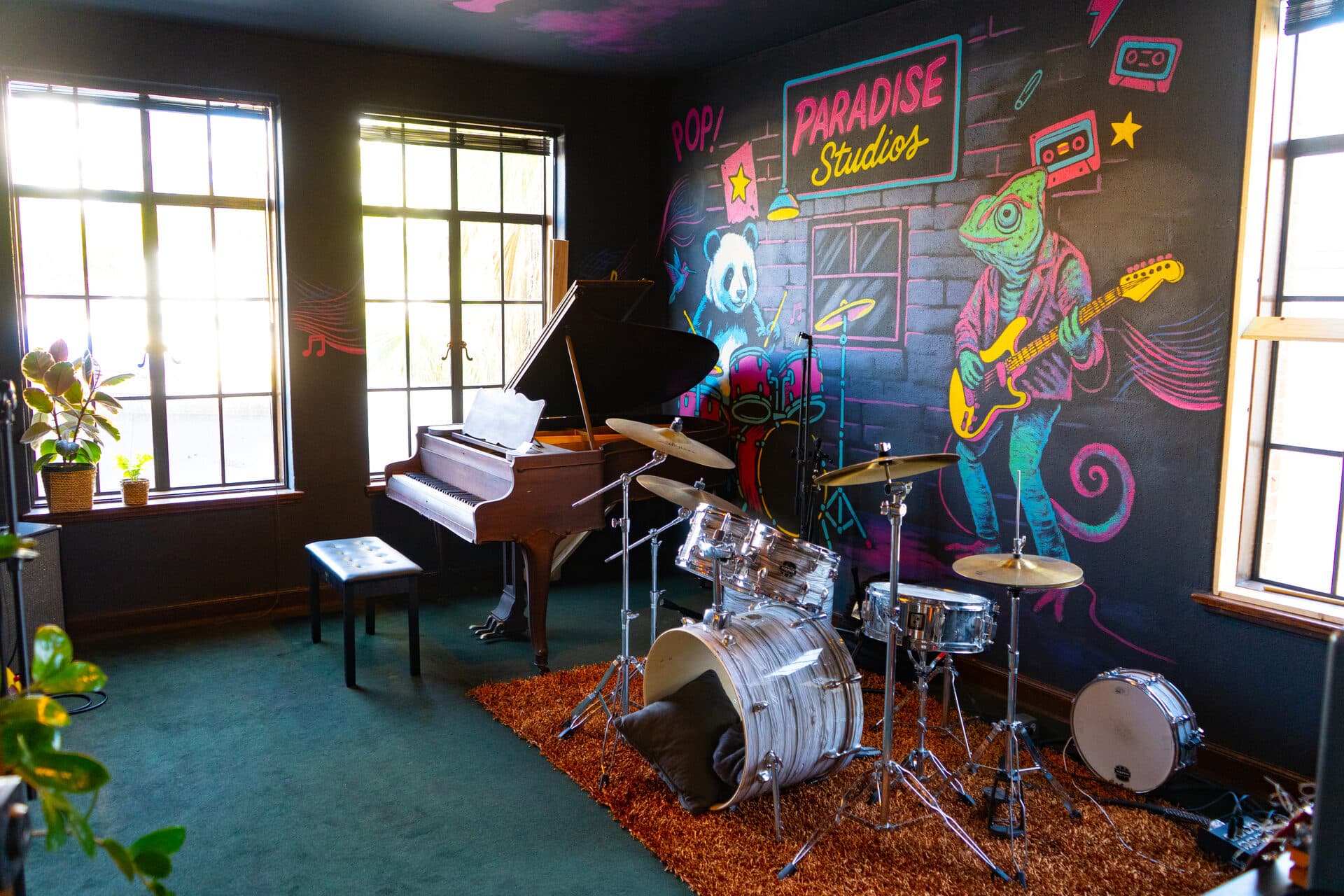 The live room at Paradise Recording in Santa Monica, with the drum kit set up and mic'd