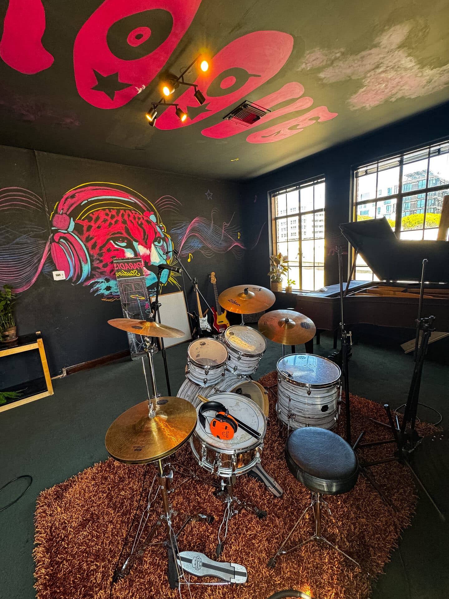 Behind the Mapex kit, looking across the Rock Room to the baby grand