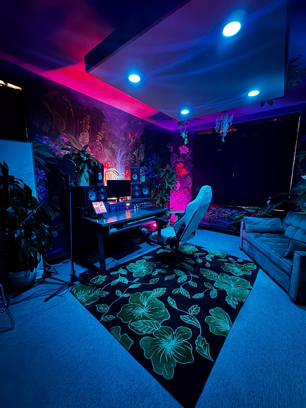 The Rainforest Room at Paradise Recording — control desk, Focal monitors and plants under pink and blue light